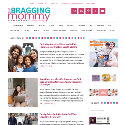 A detailed screenshot showcasing the homepage of thebraggingmommy.com, highlighting its main features and design elements.