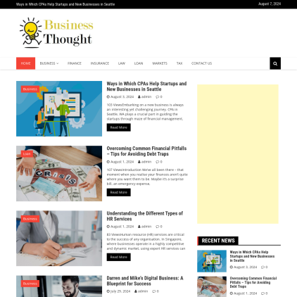 A detailed screenshot showcasing the homepage of thebusinessthought.com, highlighting its main features and design elements.