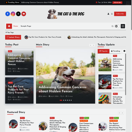 A detailed screenshot showcasing the homepage of thecatandthedog.com, highlighting its main features and design elements.