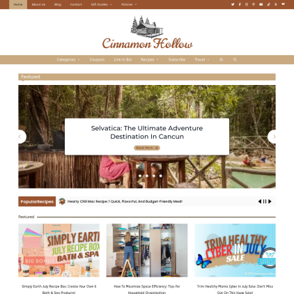 A detailed screenshot showcasing the homepage of thecinnamonhollow.com, highlighting its main features and design elements.
