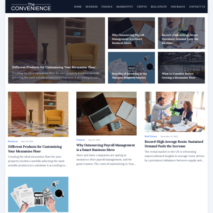 A detailed screenshot showcasing the homepage of theconvenience.co.uk, highlighting its main features and design elements.