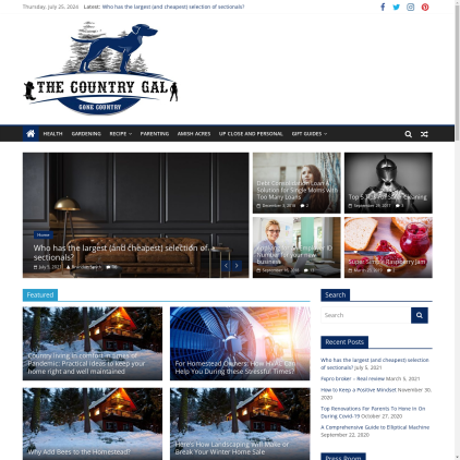 A detailed screenshot showcasing the homepage of thecountrygal.com, highlighting its main features and design elements.