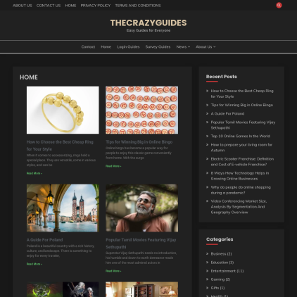 A detailed screenshot showcasing the homepage of thecrazyguides.com, highlighting its main features and design elements.