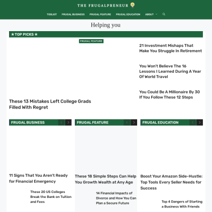 A detailed screenshot showcasing the homepage of thefrugalpreneur.com, highlighting its main features and design elements.