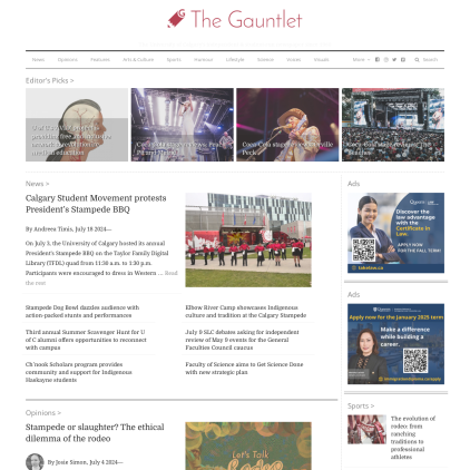 A detailed screenshot showcasing the homepage of thegauntlet.ca, highlighting its main features and design elements.