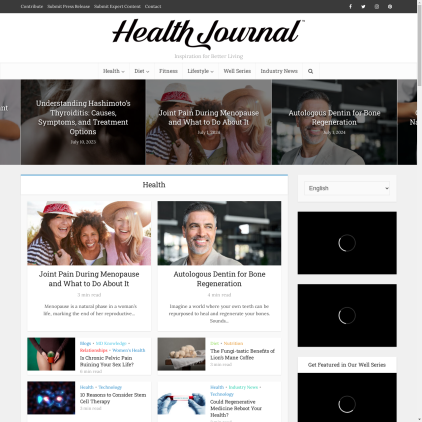 A detailed screenshot showcasing the homepage of thehealthjournals.com, highlighting its main features and design elements.