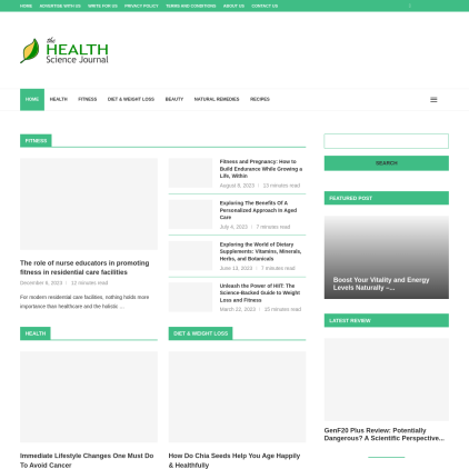 A detailed screenshot showcasing the homepage of thehealthsciencejournal.com, highlighting its main features and design elements.