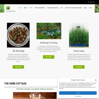 A detailed screenshot showcasing the homepage of theherbcottage.com, highlighting its main features and design elements.