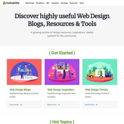 A detailed screenshot showcasing the homepage of thehotskills.com, highlighting its main features and design elements.