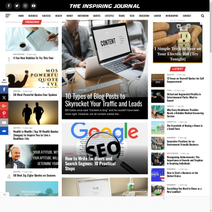 A detailed screenshot showcasing the homepage of theinspiringjournal.com, highlighting its main features and design elements.