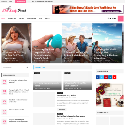 A detailed screenshot showcasing the homepage of theladyfreak.com, highlighting its main features and design elements.