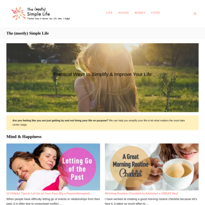 A detailed screenshot showcasing the homepage of themostlysimplelife.com, highlighting its main features and design elements.