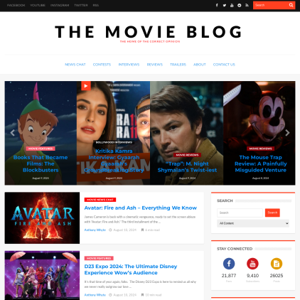 A detailed screenshot showcasing the homepage of themovieblog.com, highlighting its main features and design elements.