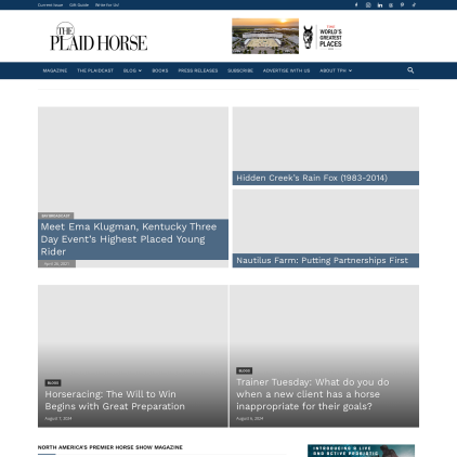 A detailed screenshot showcasing the homepage of theplaidhorse.com, highlighting its main features and design elements.