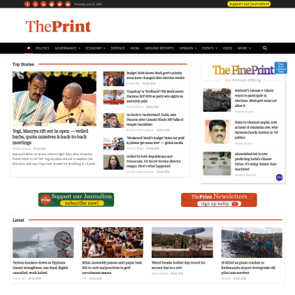 A detailed screenshot showcasing the homepage of theprint.in, highlighting its main features and design elements.