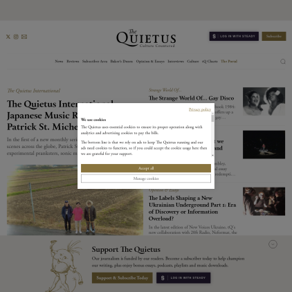 A detailed screenshot showcasing the homepage of thequietus.com, highlighting its main features and design elements.