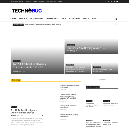 A detailed screenshot showcasing the homepage of thetechnobug.info, highlighting its main features and design elements.