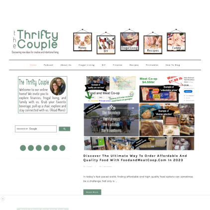 A detailed screenshot showcasing the homepage of thethriftycouple.com, highlighting its main features and design elements.