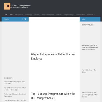 A detailed screenshot showcasing the homepage of thetotalentrepreneurs.com, highlighting its main features and design elements.