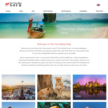 A detailed screenshot showcasing the homepage of thetravellingsouk.com, highlighting its main features and design elements.