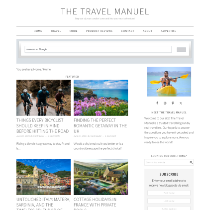 A detailed screenshot showcasing the homepage of thetravelmanuel.com, highlighting its main features and design elements.