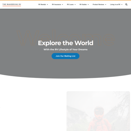 A detailed screenshot showcasing the homepage of thewanderingrv.com, highlighting its main features and design elements.