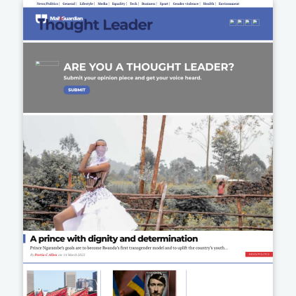 A detailed screenshot showcasing the homepage of thoughtleader.co.za, highlighting its main features and design elements.