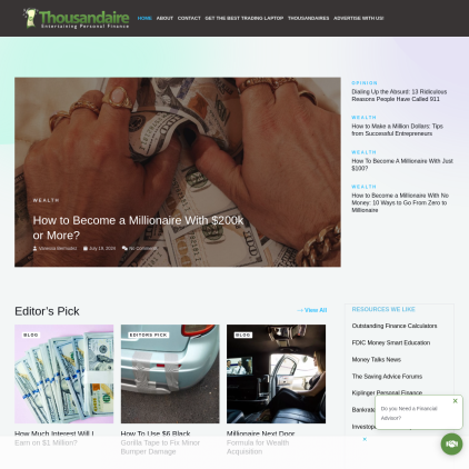 A detailed screenshot showcasing the homepage of thousandaire.com, highlighting its main features and design elements.