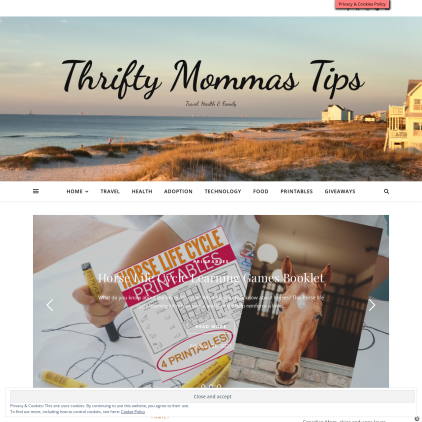 A detailed screenshot showcasing the homepage of thriftymommastips.com, highlighting its main features and design elements.