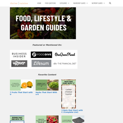 A detailed screenshot showcasing the homepage of thrivecuisine.com, highlighting its main features and design elements.