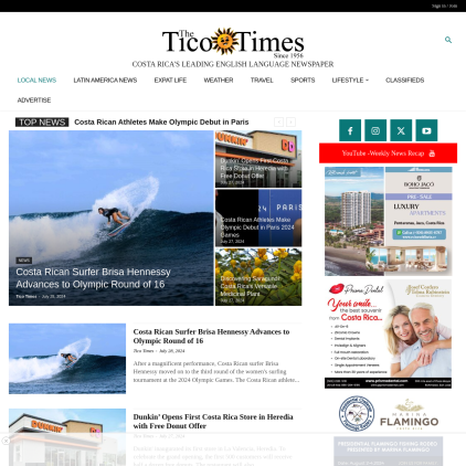 A detailed screenshot showcasing the homepage of ticotimes.net, highlighting its main features and design elements.