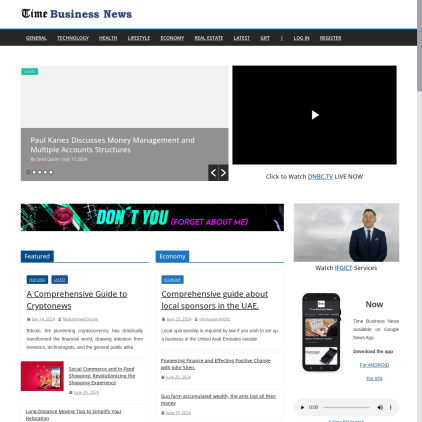 A detailed screenshot showcasing the homepage of timebusinessnews.com, highlighting its main features and design elements.