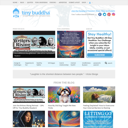 A detailed screenshot showcasing the homepage of tinybuddha.com, highlighting its main features and design elements.