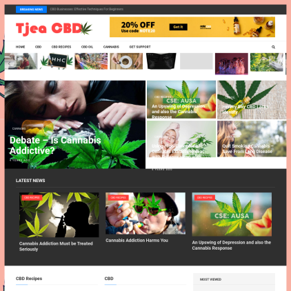 A detailed screenshot showcasing the homepage of tjeacbd.com, highlighting its main features and design elements.