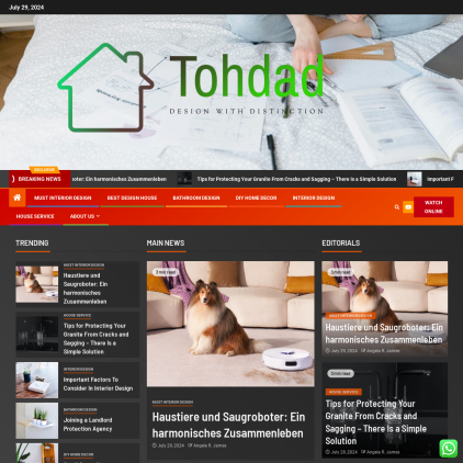 A detailed screenshot showcasing the homepage of tohdad.us, highlighting its main features and design elements.