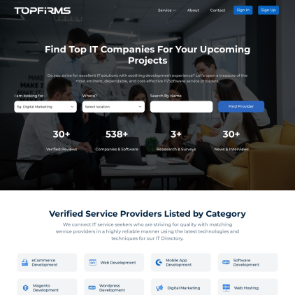 A detailed screenshot showcasing the homepage of topfirms.co, highlighting its main features and design elements.