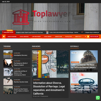 A detailed screenshot showcasing the homepage of toplawyer.my.id, highlighting its main features and design elements.