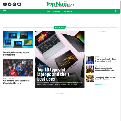 A detailed screenshot showcasing the homepage of topnaija.ng, highlighting its main features and design elements.