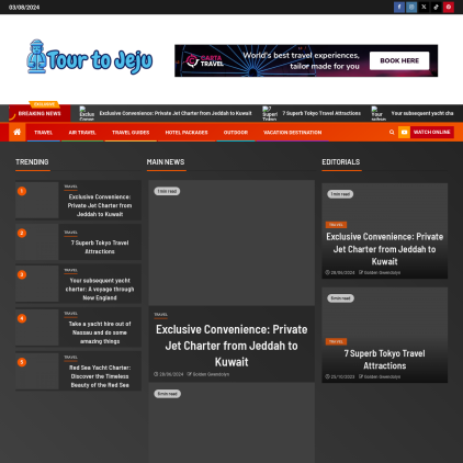 A detailed screenshot showcasing the homepage of tour2jeju.net, highlighting its main features and design elements.