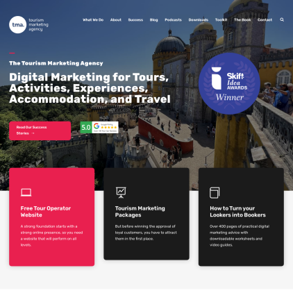 A detailed screenshot showcasing the homepage of tourismmarketing.agency, highlighting its main features and design elements.