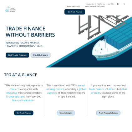 A detailed screenshot showcasing the homepage of tradefinanceglobal.com, highlighting its main features and design elements.