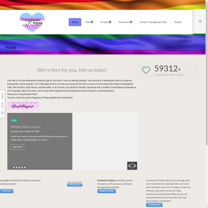 A detailed screenshot showcasing the homepage of transgenderpulse.com, highlighting its main features and design elements.