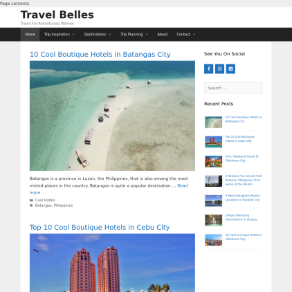 A detailed screenshot showcasing the homepage of travelbelles.com, highlighting its main features and design elements.