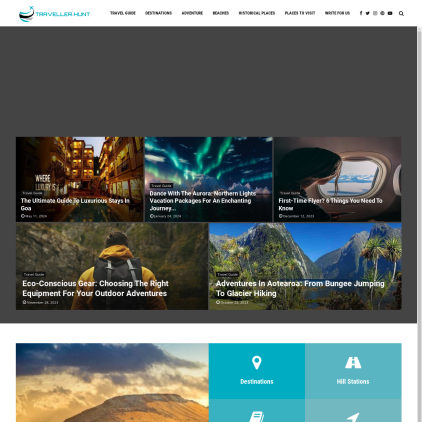 A detailed screenshot showcasing the homepage of travellerhunt.com, highlighting its main features and design elements.