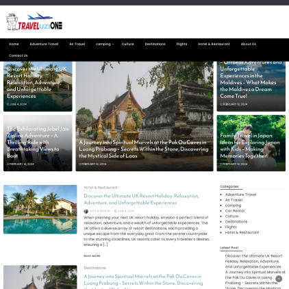 A detailed screenshot showcasing the homepage of traveluzion.co.uk, highlighting its main features and design elements.