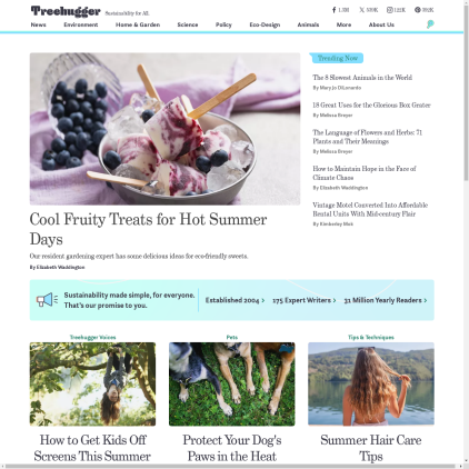 A detailed screenshot showcasing the homepage of treehugger.com, highlighting its main features and design elements.