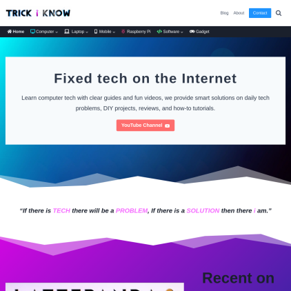 A detailed screenshot showcasing the homepage of trickiknow.com, highlighting its main features and design elements.