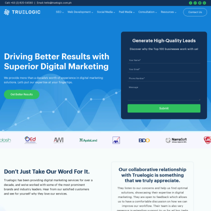 A detailed screenshot showcasing the homepage of truelogic.com.ph, highlighting its main features and design elements.