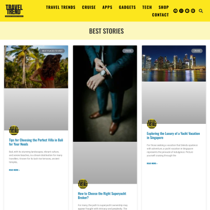 A detailed screenshot showcasing the homepage of trvltrend.com, highlighting its main features and design elements.