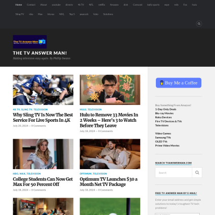 A detailed screenshot showcasing the homepage of tvanswerman.com, highlighting its main features and design elements.